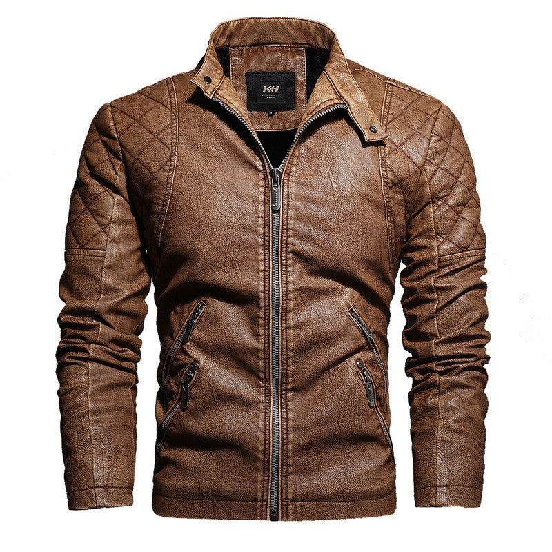 Men's Leather Motorcycle Jacket, Autumn/Winter, Plus Velvet Warmth