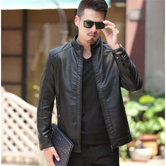 Men's Winter Leather Biker Jacket, Oblique Zipper