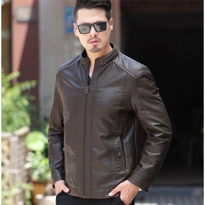 Men's Winter Leather Biker Jacket, Oblique Zipper