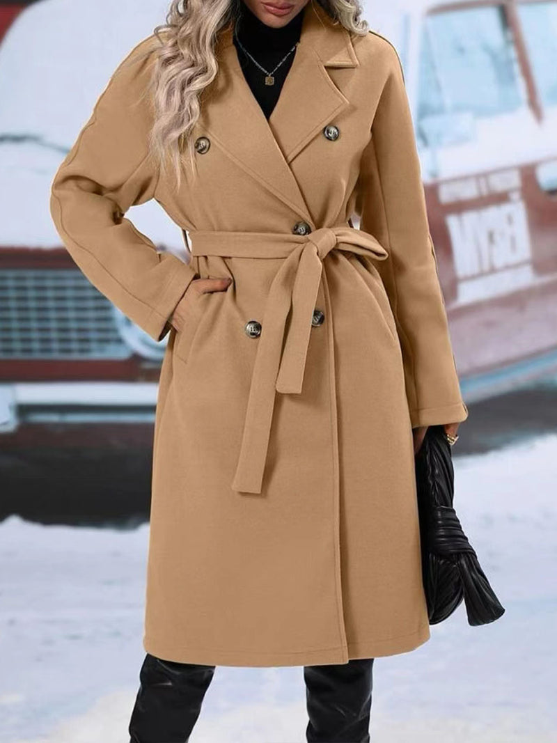 Women's Lapel Double-Breasted Trench Coat with Belt, Winter Long Jacket