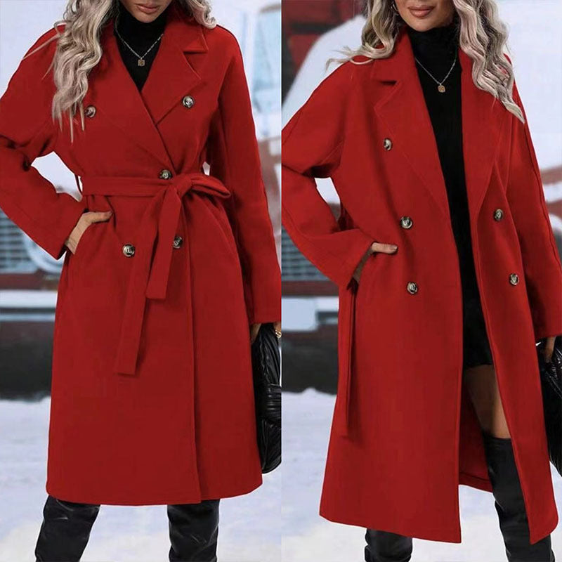 Women's Lapel Double-Breasted Trench Coat with Belt, Winter Long Jacket