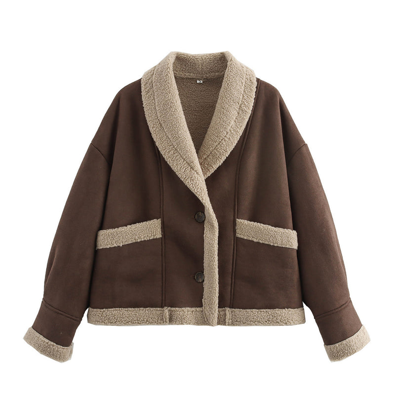 Women's Lapel Woolen Coat with Pockets, Winter Loose Suede Top