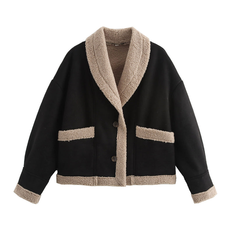 Women's Lapel Woolen Coat with Pockets, Winter Loose Suede Top