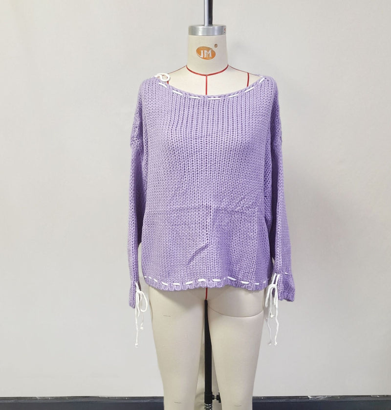 Bowknot Y2K Pullover Sweater, Long Sleeve, Loose Knit Top