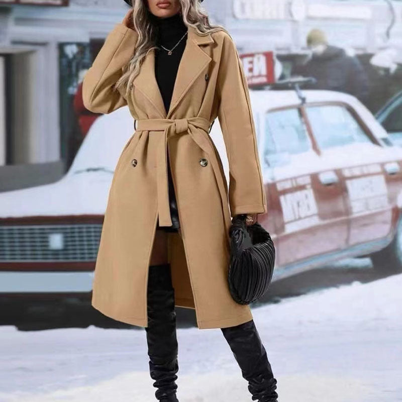 Women's Lapel Double-Breasted Trench Coat with Belt, Winter Long Jacket 
