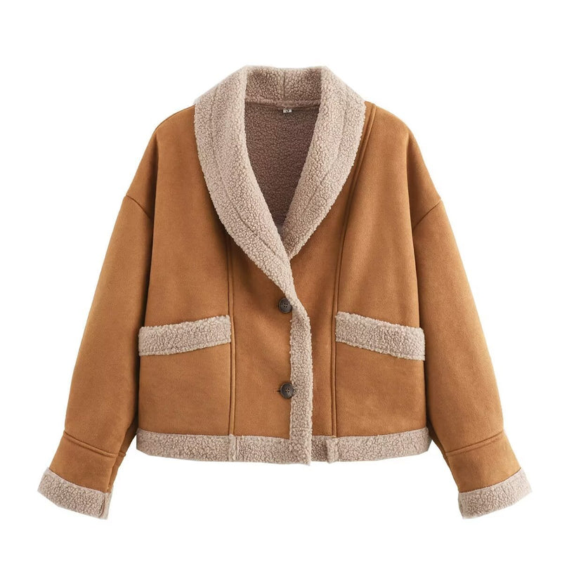 Women's Lapel Woolen Coat with Pockets, Winter Loose Suede Top