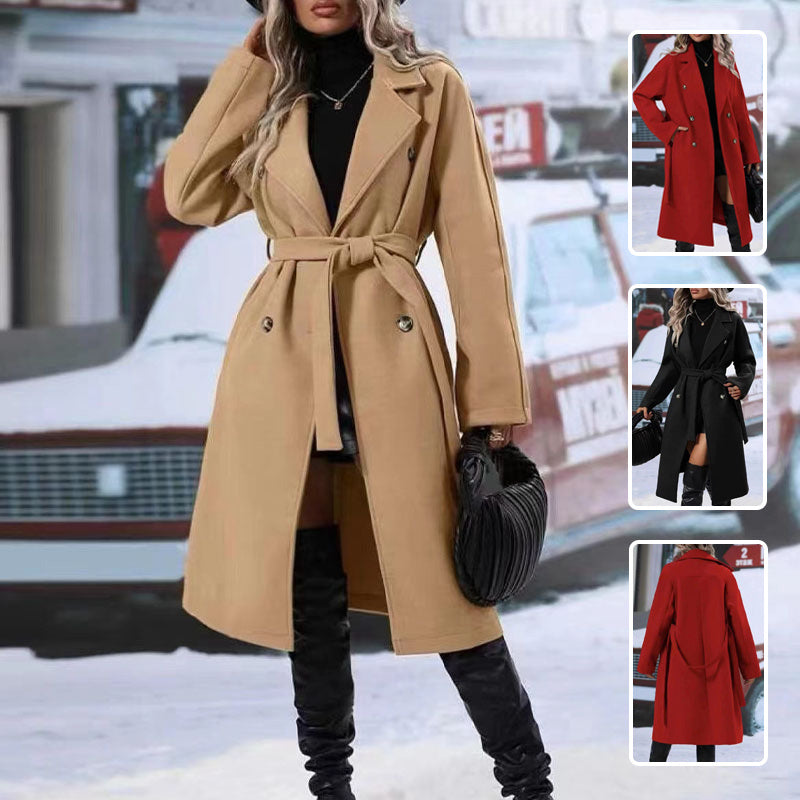 Women's Lapel Double-Breasted Trench Coat with Belt, Winter Long Jacket