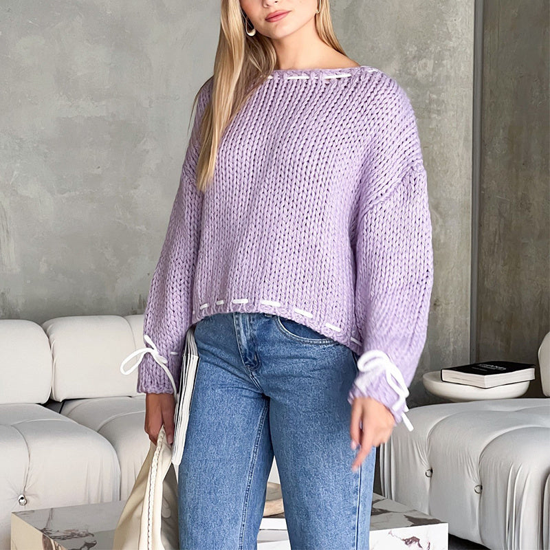 Bowknot Y2K Pullover Sweater, Long Sleeve, Loose Knit Top